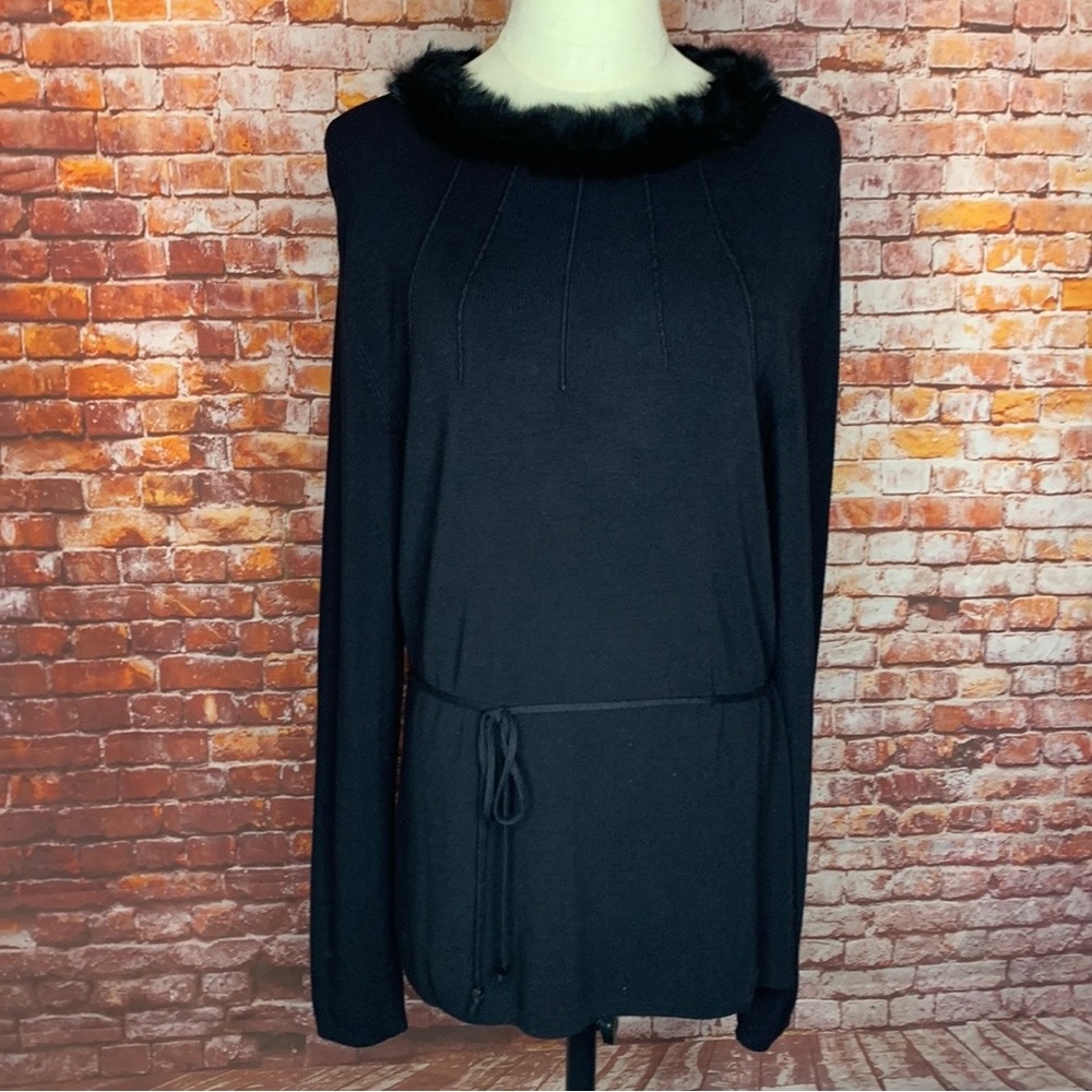 BCBG MaxAzria Long Lightweight Black Faux Fur Collared Sweater